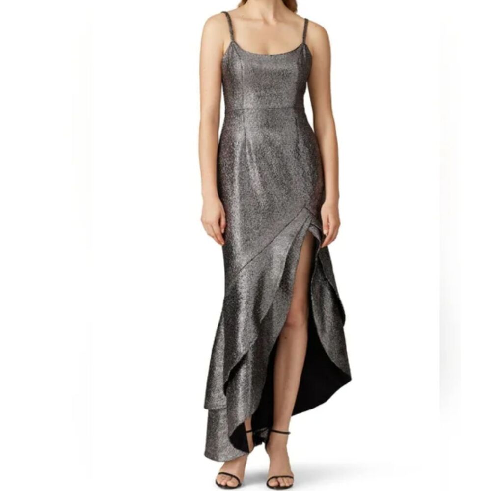 ~ Hutch Gown 6 Dress Metallic Pewter Silver Asymmetrical Ruffle Slit Formal Prom